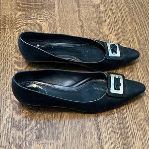 Prada Black Leather Point Toe Flats with Silver Buckle